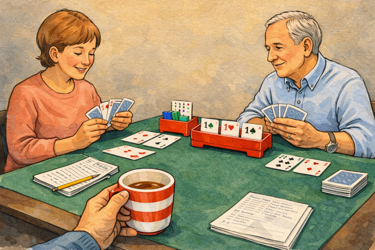 Hvor lang tid tager det at lære bridge som begynder – illustration af begyndere der spiller bridge