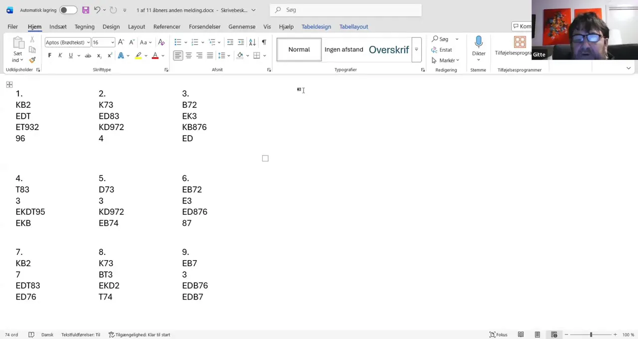 Skærmbillede af et Word-dokument med ni korthænder og en lille videorude med foredragsholderen