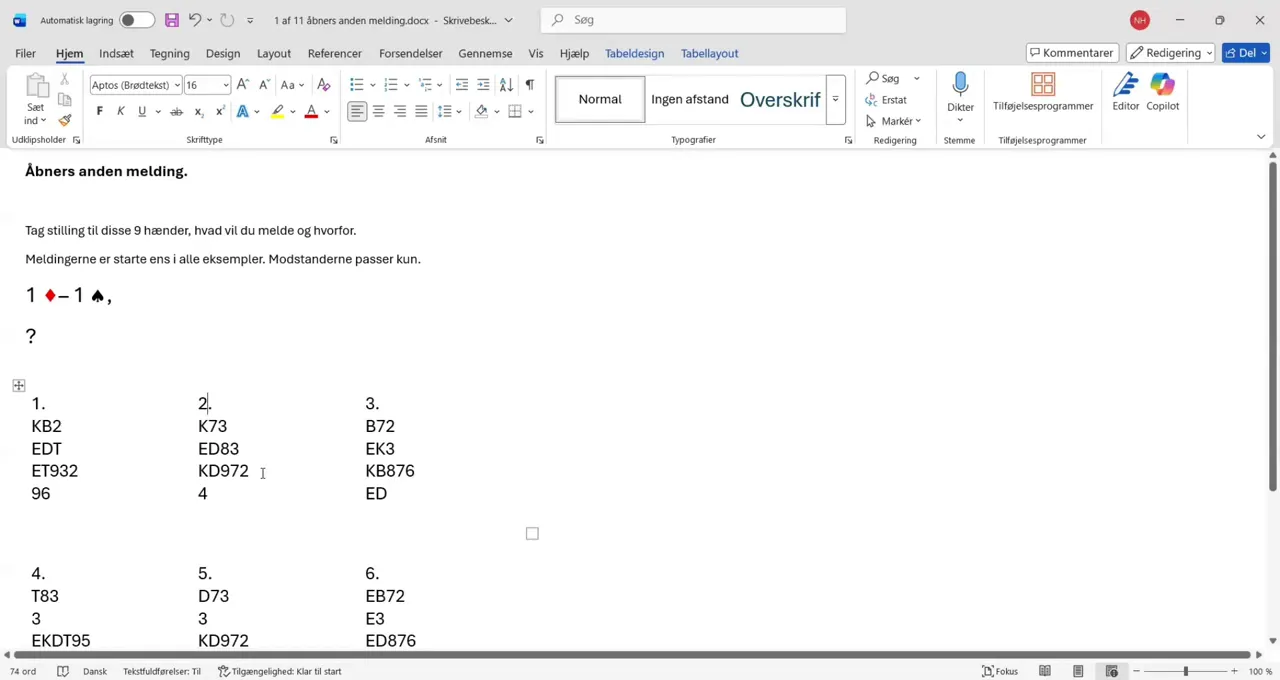 Skærmfoto af Word-dokument der viser 1♦–1♠ og ni eksempelhænder, tydelig tekst og minimal videorude